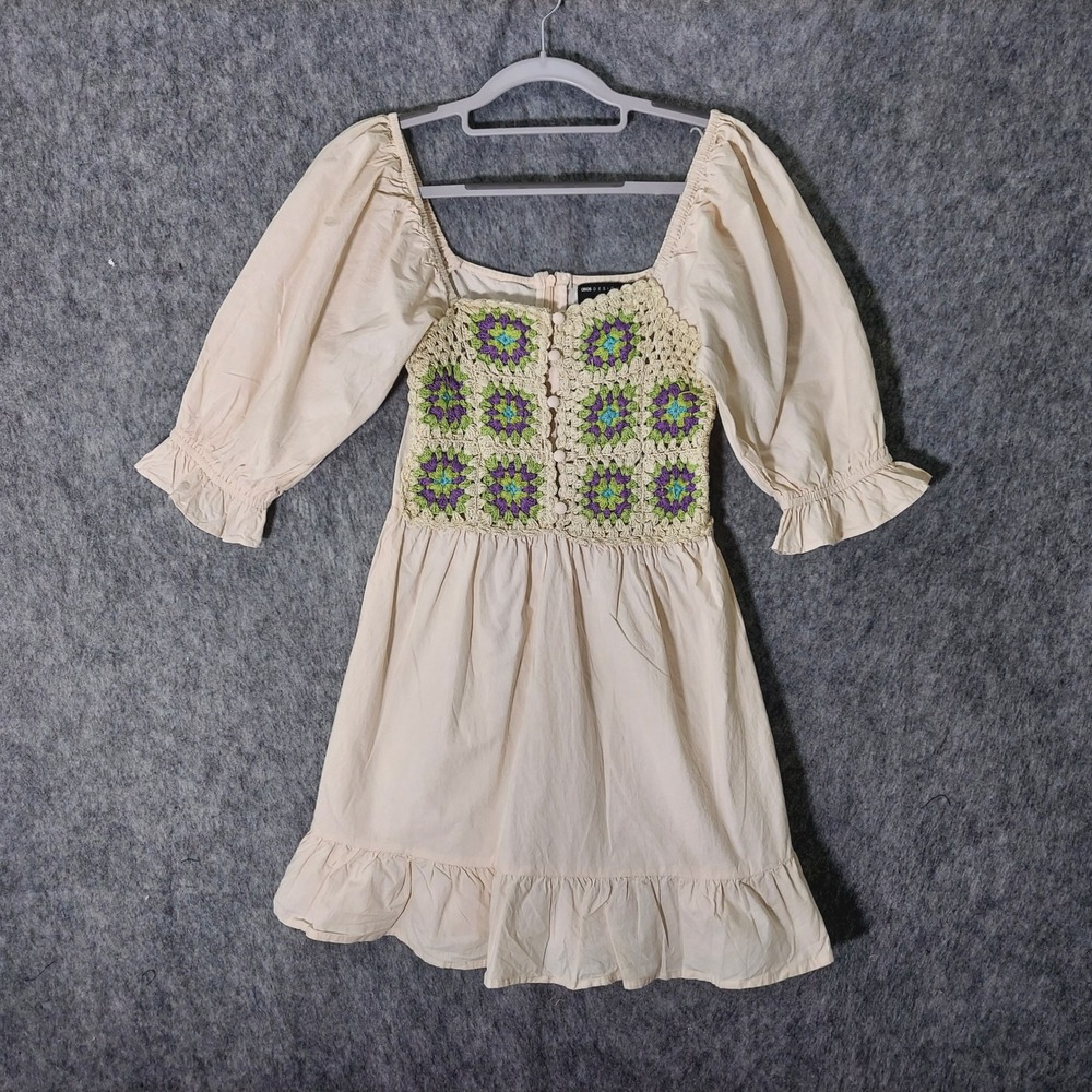 Asos Design Dress 4 Crochet‎ Mini Puff Sleeve ruffle Cottagecore Festival Boho